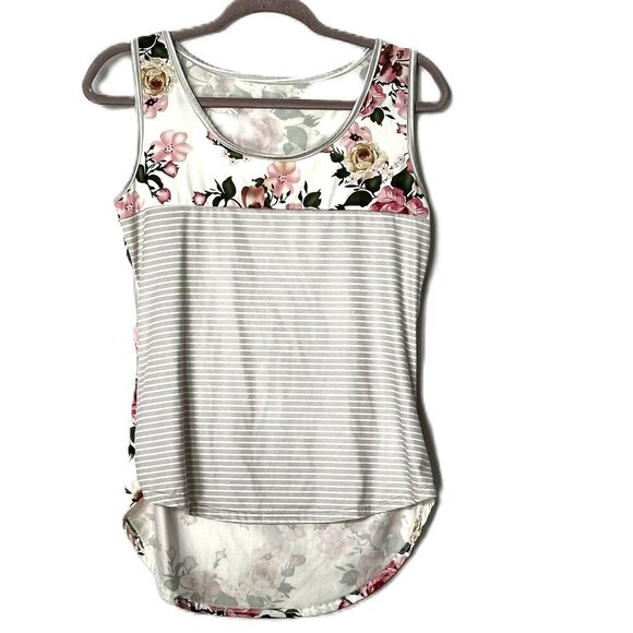 Tops - White and Gray Striped Floral Tank Top In Size Medium